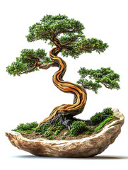 beautifully twisted bonsai tree with lush green foliage in unique pot.