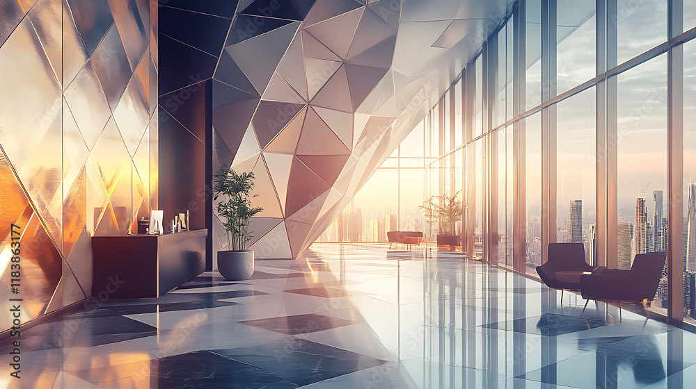 Poster modern business lobby with geometric patterns and cityscape views, innovative, design, structure