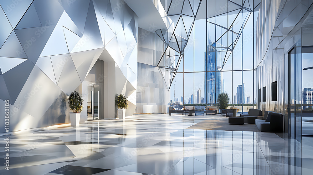 Poster modern business lobby with geometric patterns and cityscape views, innovative, design, structure