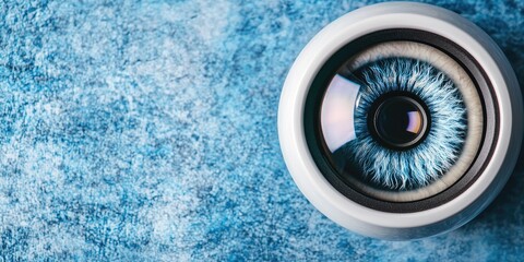 A close-up of a captivating blue eye with intricate details, surrounded by a light-colored iris and set against a textured blue background.