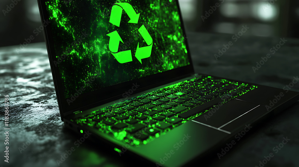 Aufkleber modern laptop adorned with a bright green recycle symbol, emphasizing the importance of e-waste mana