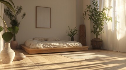 Sunlit minimalist bedroom with platform bed, plants, and wooden floor.