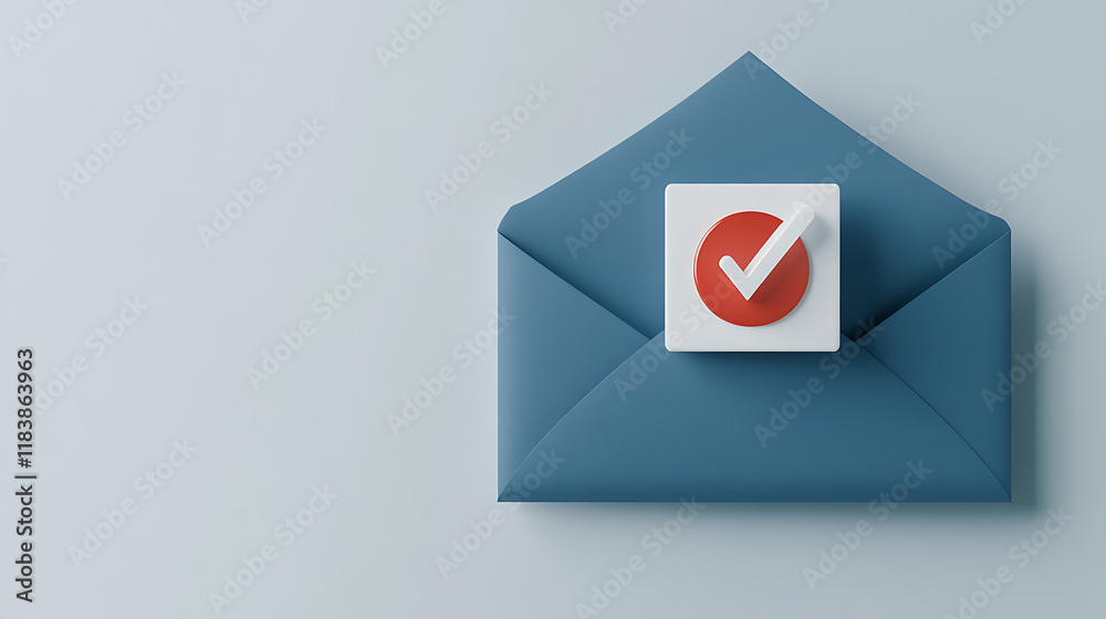 Poster Newsletter or message concept with front view on dark blue email paper envelope with white unit in red circle on the corner on light background, 3d rendering