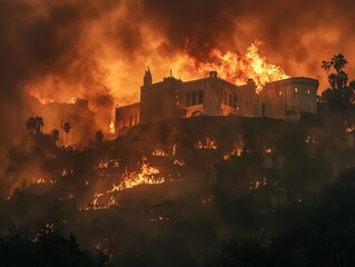 Fototapeta premium Hollywood hills on terrifying fire, fire in the Big City, natural disasters, burnt house