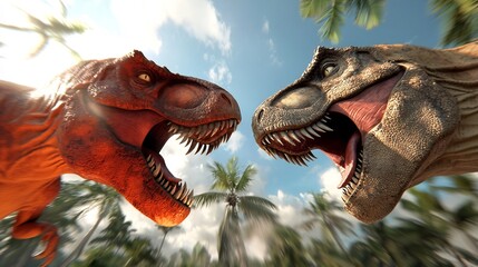 Two powerful Tyrannosaurus Rex dinosaurs engage in an intense ferocious duel within a lush primordial tropical rainforest setting  The reptiles battle fiercely showcasing their immense size