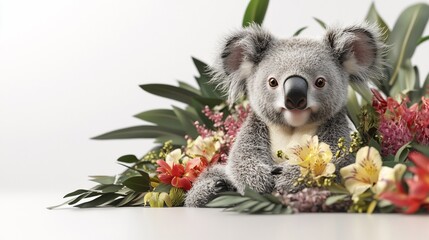 Obraz premium Adorable koala bear sitting amidst vibrant tropical flowers and foliage.