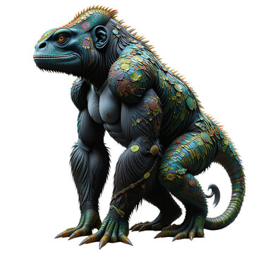 A digitally rendered image depicts a powerful, mythical creature combining reptilian and primate features, adorned with vibrant colors and patterns ,isolated on transparent background.