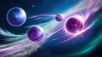 Abstract glowing spheres pulsating with cosmic energy, set in a vibrant and expansive space, radiating light and color in a fluid, energetic pattern.