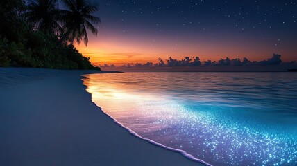 Serene beach sunset with calm ocean waves.