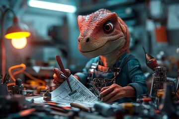 Quirky bipedal dinosaur character serving as an engineer