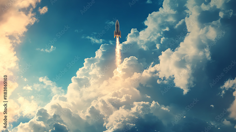 Poster pop art inspired rocket soaring through clouds