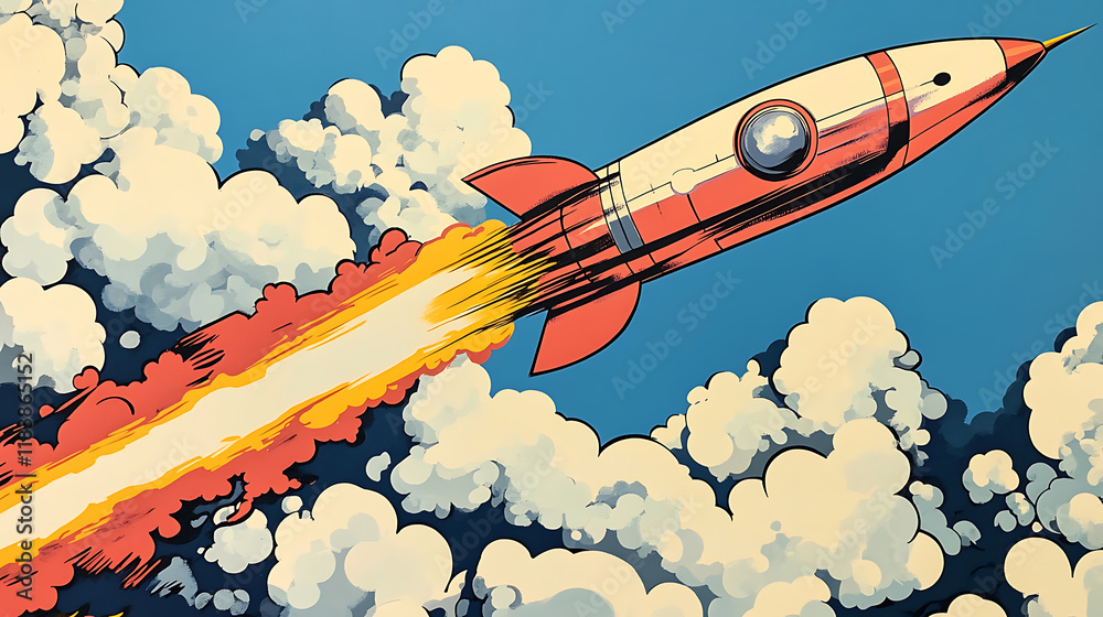 Aufkleber pop art inspired rocket soaring through clouds