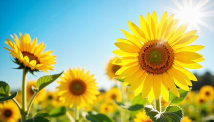 Obraz premium Vibrant sunflowers blooming under clear blue sky, summer joy