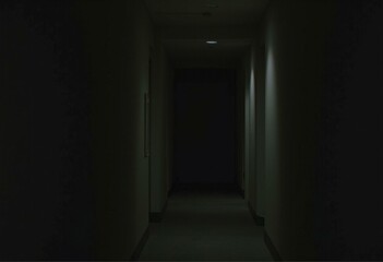 Dimly Lit Corridor with Single Light and Shadowy Walls