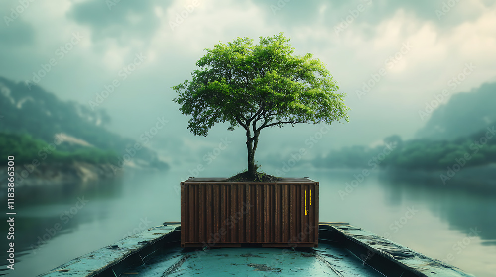 Poster single tree with lush green leaves sprouting from an open sea cargo container, symbolizing ecofriend