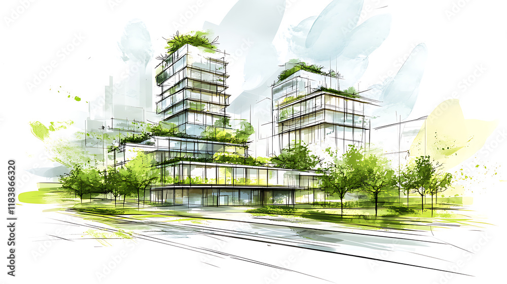 Leinwandbilder sketch of green architecture, illustrating a sustainable development project, future forward approac