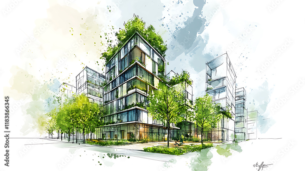 Leinwandbilder sketch of green architecture, illustrating a sustainable development project, future forward approac