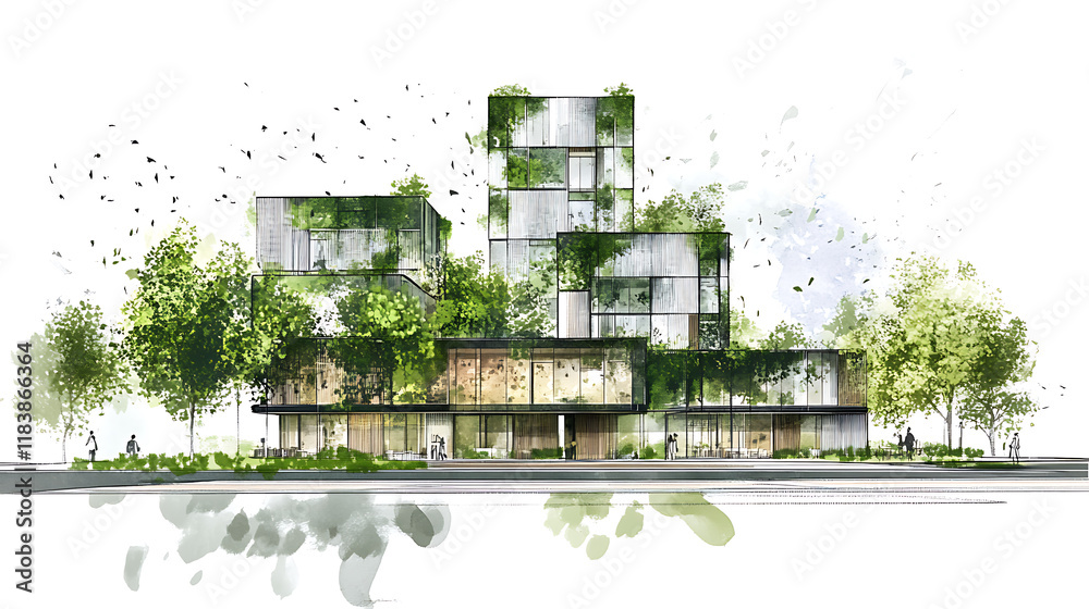 Poster Sketch of green architecture, illustrating a sustainable development project, future forward approach to construction, where harmony with nature and resource efficiency are prioritized