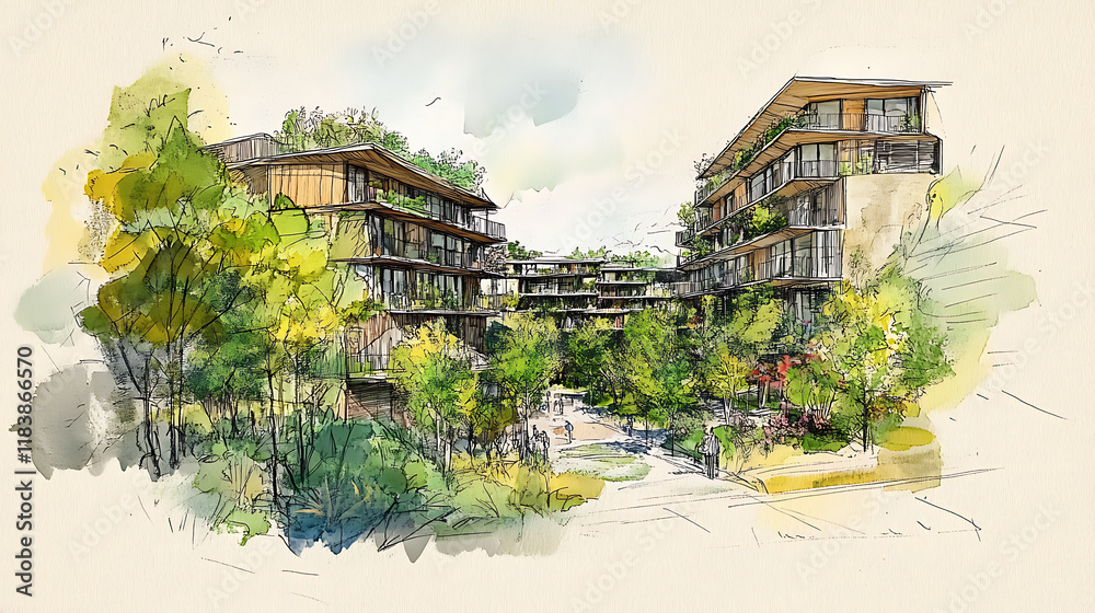 Poster Sketch of green architecture, illustrating a sustainable development project, future forward approach to construction, where harmony with nature and resource efficiency are prioritized