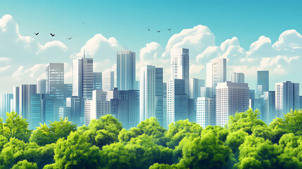 Obraz premium Sky line with plants in a modern city with a blue sky, green, sustainable and ecological building, carbon reduction