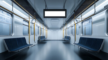 Obraz premium Sleek and empty subway carriage with a prominent banner mockup, offering a modern urban transit experience