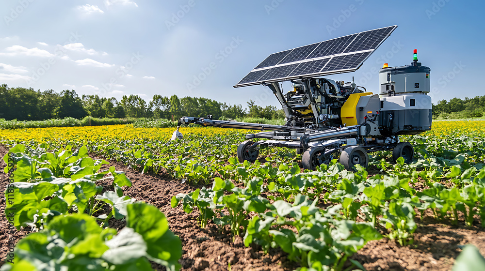 Poster solar powered agricultural robot industriously operating in the field, this represents the intersect