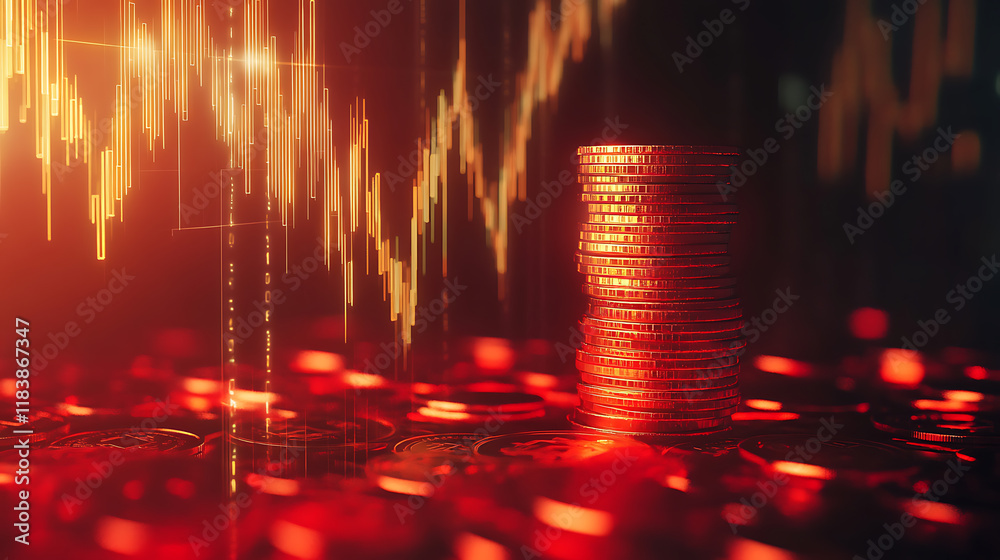 Aufkleber Stacked golden coins with falling red forex chart on dark backdrop, crisis and recession concept, 3d rendering