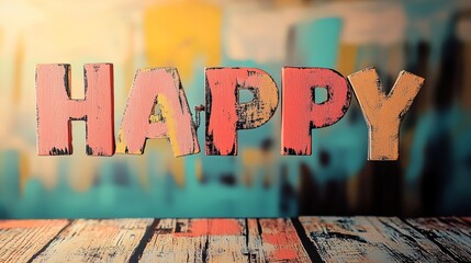 Happy Colorful Letters with Bright Background and Wooden Surface