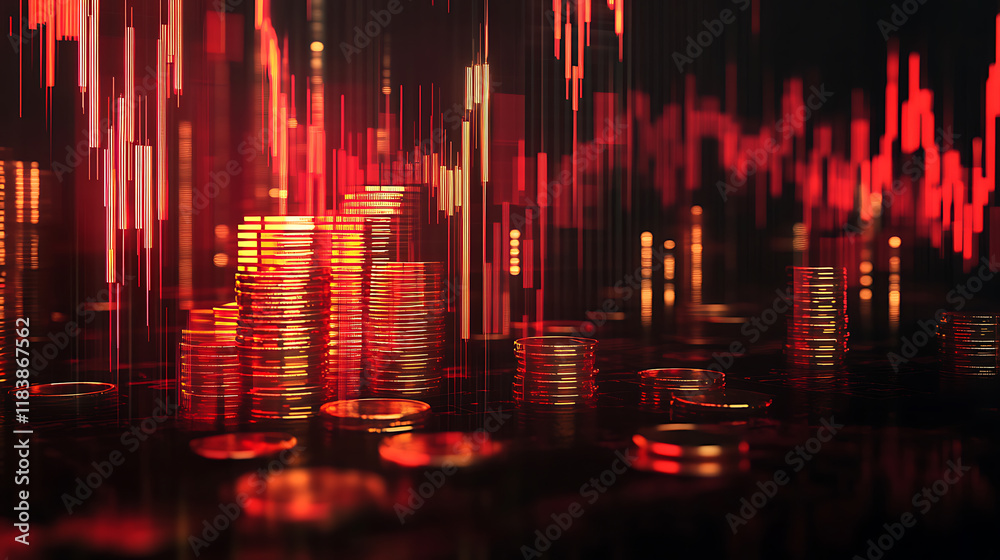 Fototapete stacked golden coins with falling red forex chart on dark backdrop, crisis and recession concept, 3d