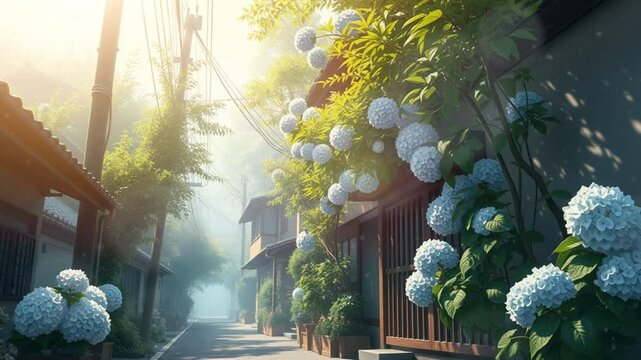 A serene street lined with hydrangeas, enveloped in morning mist.