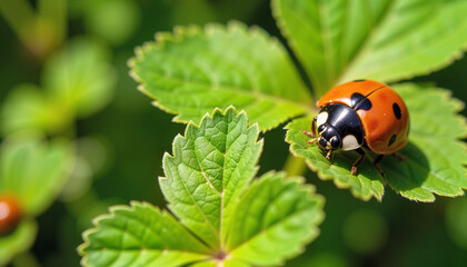 Obraz premium Close-up of ladybug crawling on clover leaves, nature's beauty