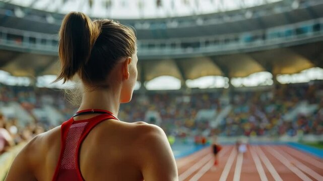 back view of female runner on the full stadium