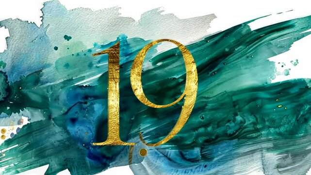 Golden painted number nineteen, blue watercolor effect. Symbol 19. Invitation for a nineteenth birthday party or business anniversary.