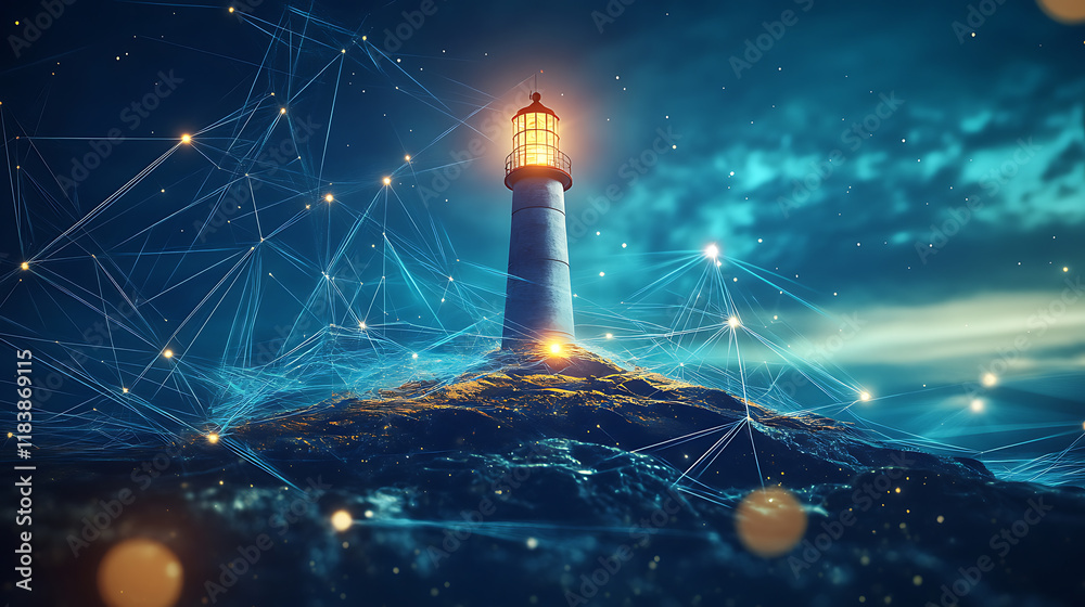 Poster towering lighthouse in a futuristic, digital world, evolving technology and the potential for progre