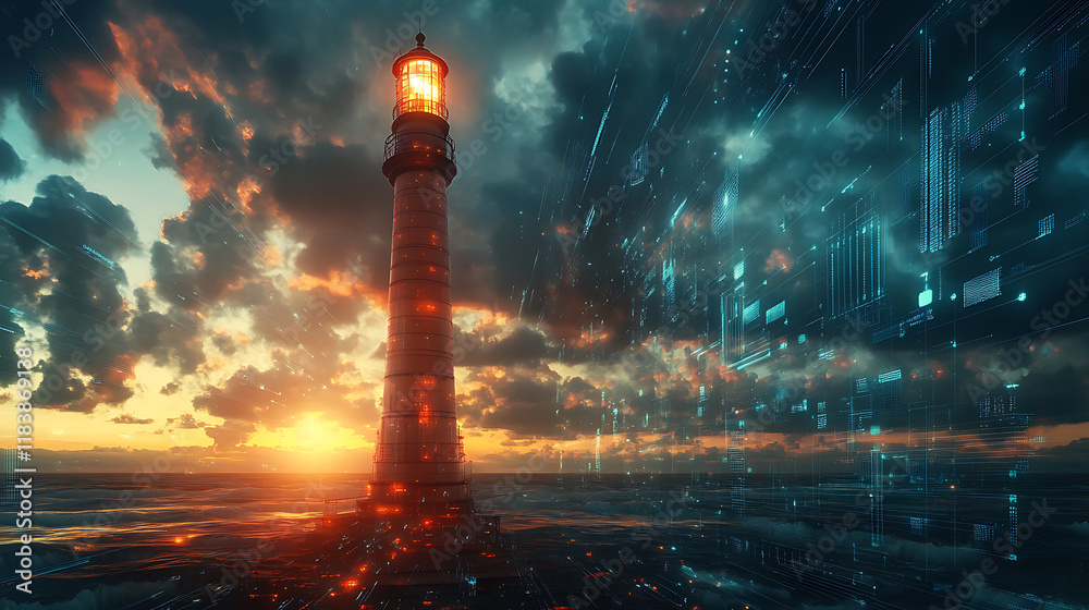Aufkleber towering lighthouse in a futuristic, digital world, evolving technology and the potential for progre