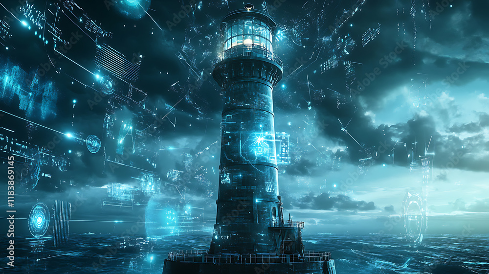 Poster towering lighthouse in a futuristic, digital world, evolving technology and the potential for progre