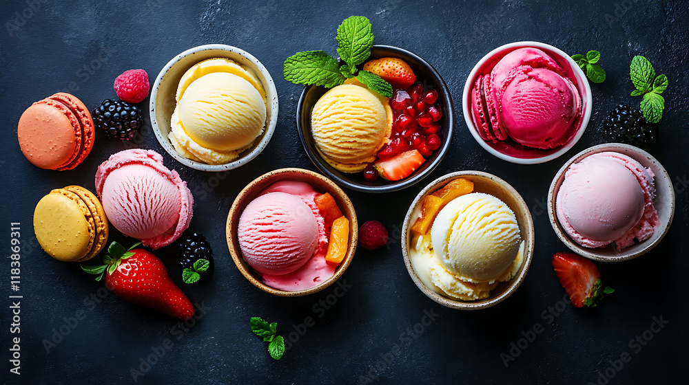Poster various ice cream scoops in bowls with fruits and macarons on a dark surface, refreshing sweet summe