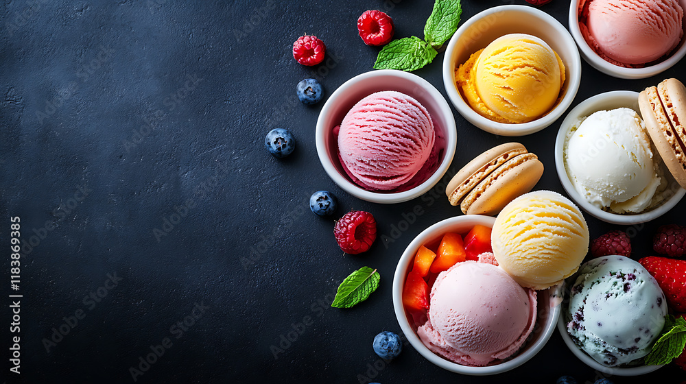 Poster various ice cream scoops in bowls with fruits and macarons on a dark surface, refreshing sweet summe