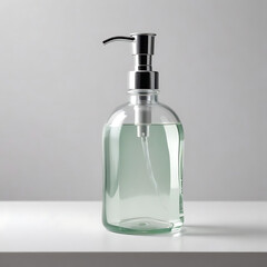 A glass soap dispenser with a pump, filled with liquid soap, on a white surface.