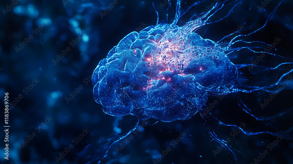 Poster vividly illuminated brain symbolizing advanced ai and neural networks on a blue backdrop, cognitive 