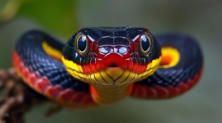 Fototapeta premium Close-up of a striking coral snake with vibrant red, black, and yellow bands, coiled and facing the camera.