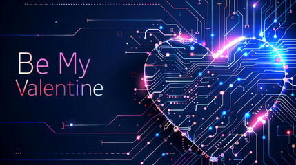 Futuristic Valentine Day Card with Neon Heart Circuit Design, Highlighting Tech-Driven Love