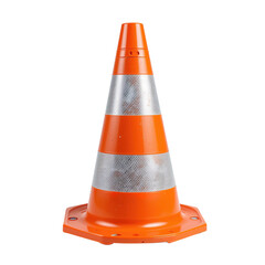 An orange traffic cone with reflective bands stands against a black background.  It is a safety device used to control traffic, isolated on transparent background.