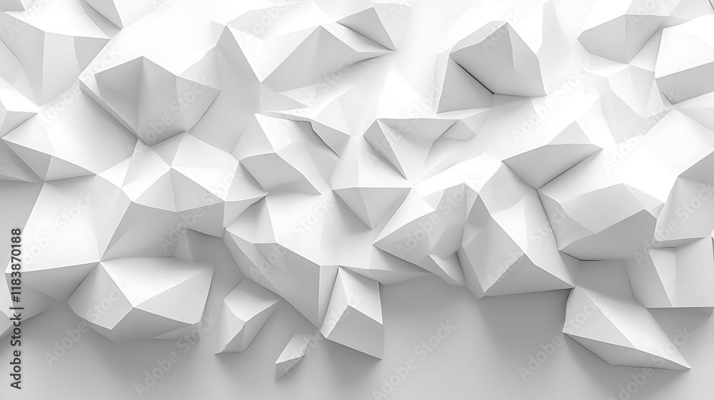 Poster White geometric shapes cluster together, creating a three-dimensional abstract pattern on a monochromatic background