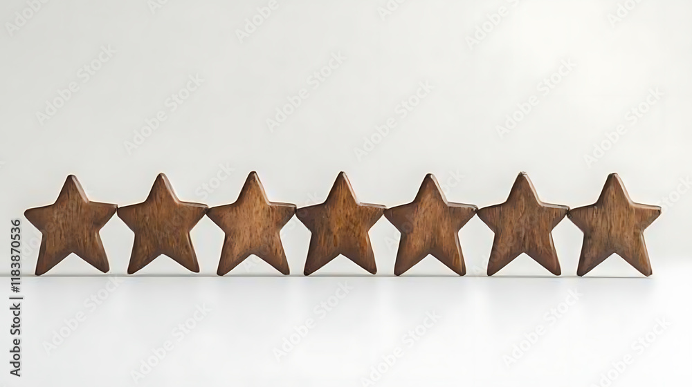 Poster Wooden stars arranged in a row, symbolizing a satisfaction rating system used for evaluating customer feedback, service quality, or product excellence