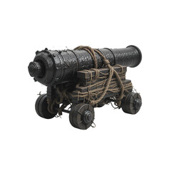 A detailed image of a dilapidated antique cannon bound with rope and sitting upon its wooden carriage, isolated on transparent background.