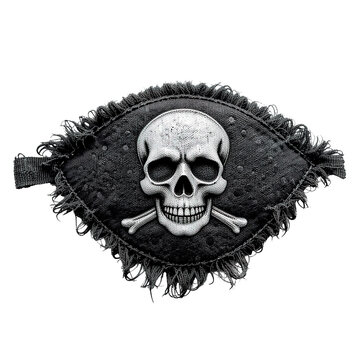 A black fabric eye patch with a frayed edge features a silver skull and crossbones emblem, isolated on transparent background.