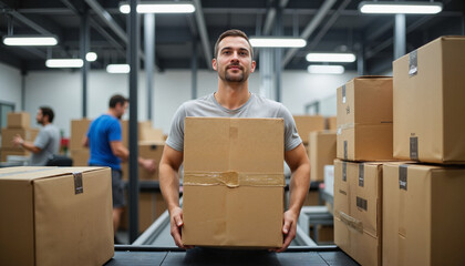Packaging worker lifting boxes in busy warehouse, efficient production