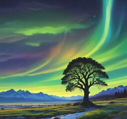 Fototapeta premium Illustration of landscape with aurora borealis.