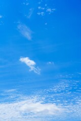 Fototapeta premium A stunning view of a clear light blue sky with soft, wispy white clouds drifting across the horizon. Ideal for travel brochures, artwork, or as a calming background for various projects.